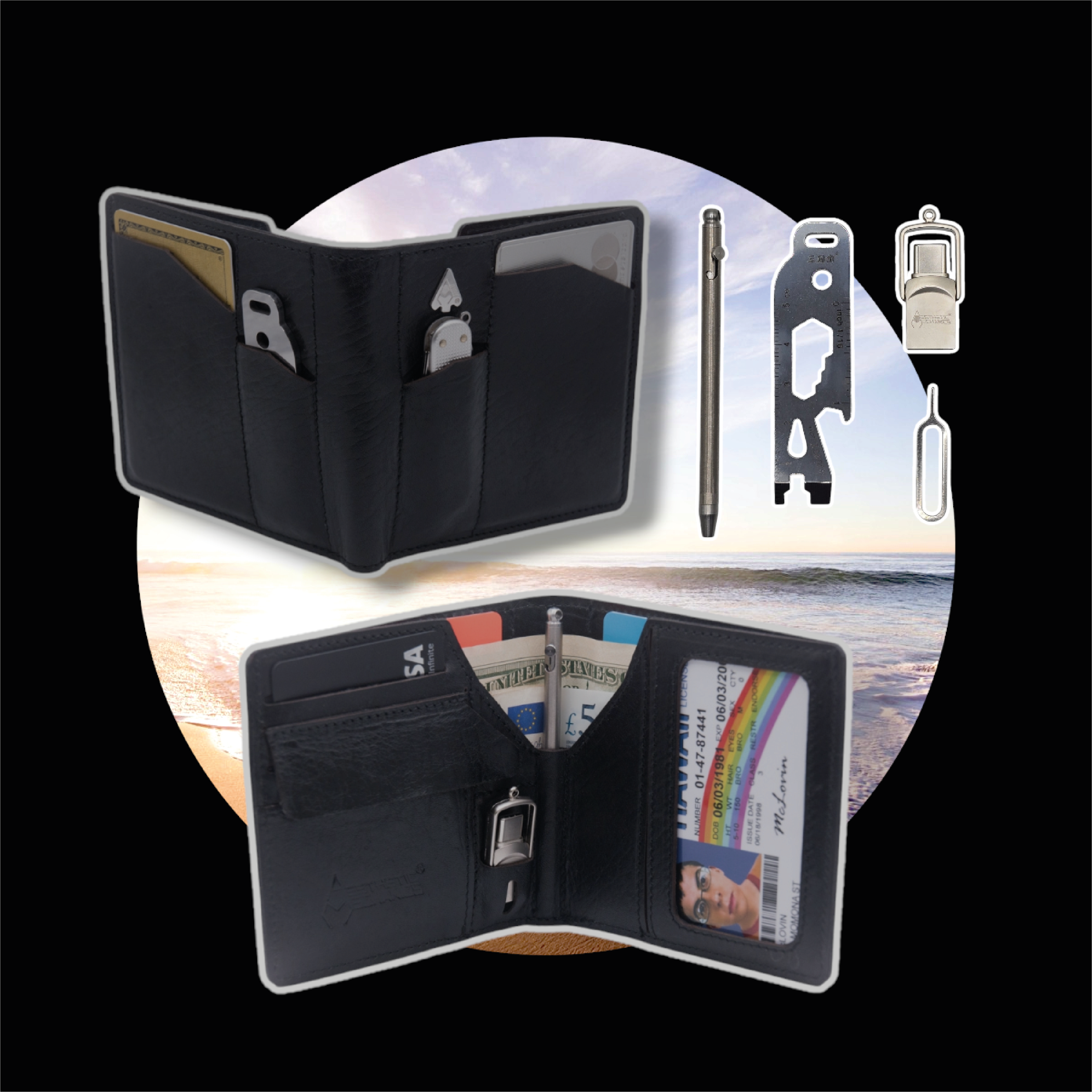 Wallet with pen, USB and multitool